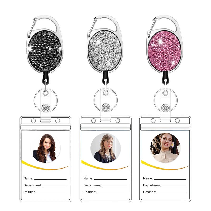 HASFINE 3 Pack Retractable Badge Reels-Handmade Bling Rhinestone ID Holders with Belt Clip & Key Ring- Bonus 3 Clear ID Card Sleeves- Ideal for Work, Teachers, Nurses, and Students - Image 1